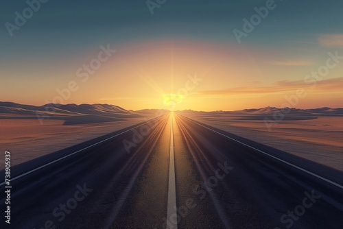 A deserted highway stretching towards a stunning sunrise in a barren desert, with the sun peeking over distant sand dunes. The lighting is serene and soft, illuminating the untouched desert landscape.
