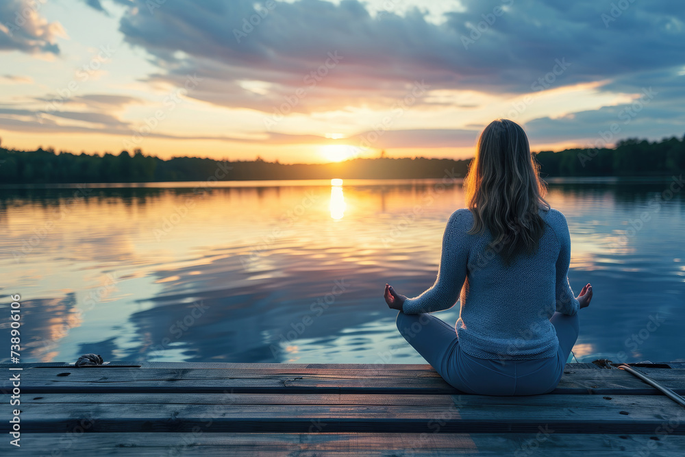 Woman Sitting and Meditating on Dock, Tranquil Water Sunset
