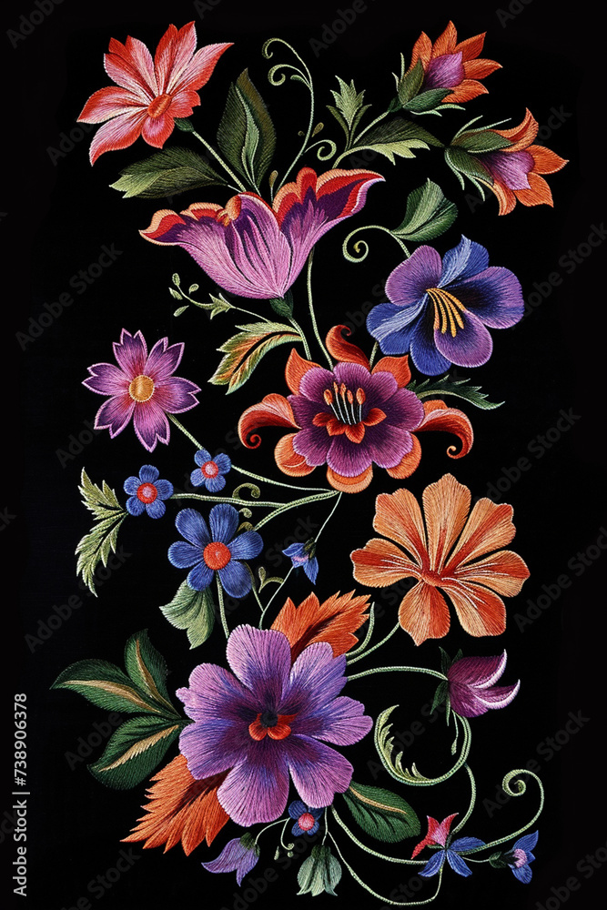 Floral pattern in embroidery style on a black background Floral pattern in embroidery style on a black background
