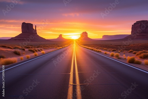 A deserted highway towards a vibrant sunrise, with the sun's first light reflecting off scattered desert rocks. The early morning lighting is clear and sharp, enhancing the stark beauty of the desert.