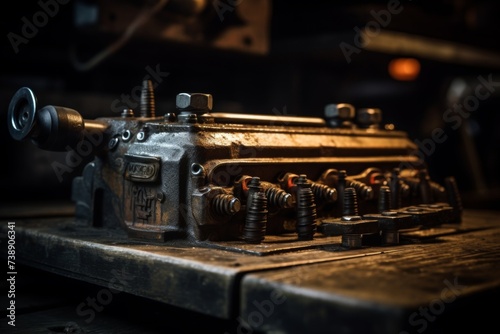 A Close-Up View of a Rustic Valve Cover, Illuminated by Soft Light, Against a Backdrop of Weathered Wooden Planks and Vintage Tools