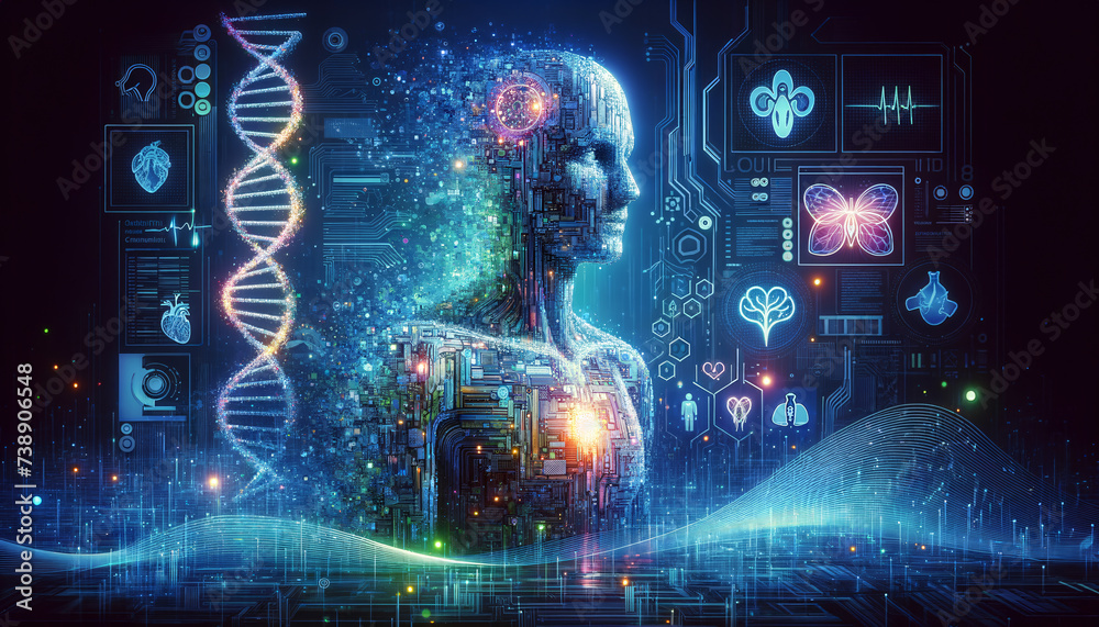 Fototapeta premium Benevolent AI in Healthcare with Digital Disintegration