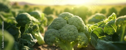 Fresh broccoli in the field. Growing plants. Generative AI.