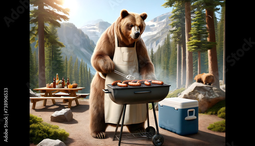 Bear grilling in a serene forest setting