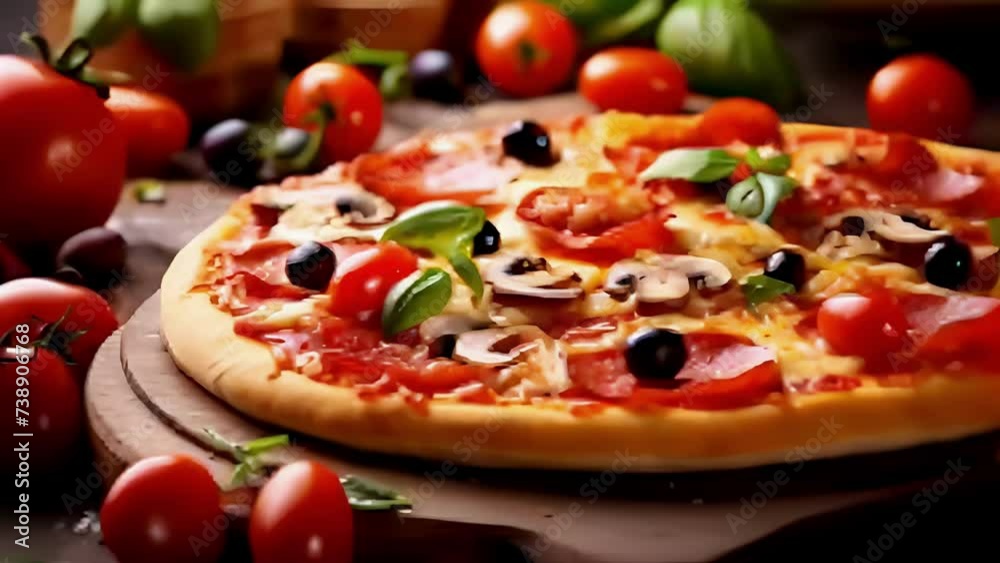 pizza with sausage and vegetables. street fast food, takeaway food banner with copy space. illustration poster with a place for signatures. Caloric nutrition