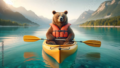 Bear kayaking on a pristine lake with mountain views photo