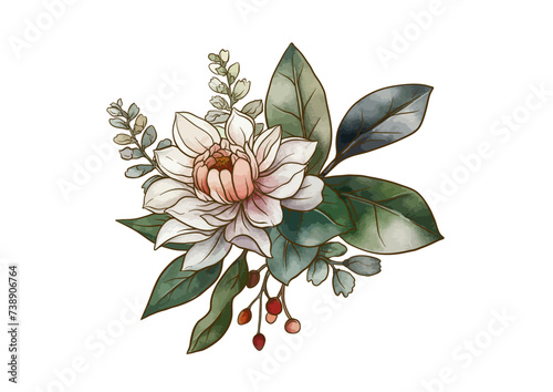 Boutonniere of wild rose flowers and berries Clip art, set of elements for design Outline hand drawing vector illustration. In botanical style
