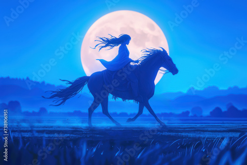 Ghostly Horse and Rider Galloping Under Full Moon ,fantasy scenery. digital artwork. fantasy illustration
