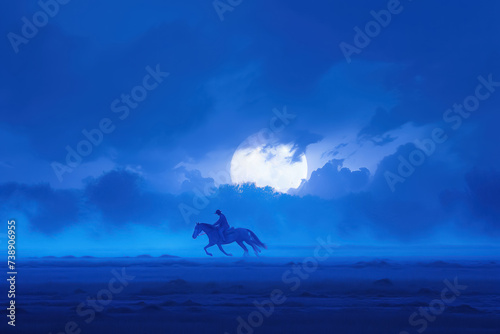 Ghostly Horse and Rider Galloping Under Full Moon  fantasy scenery. digital artwork. fantasy illustration