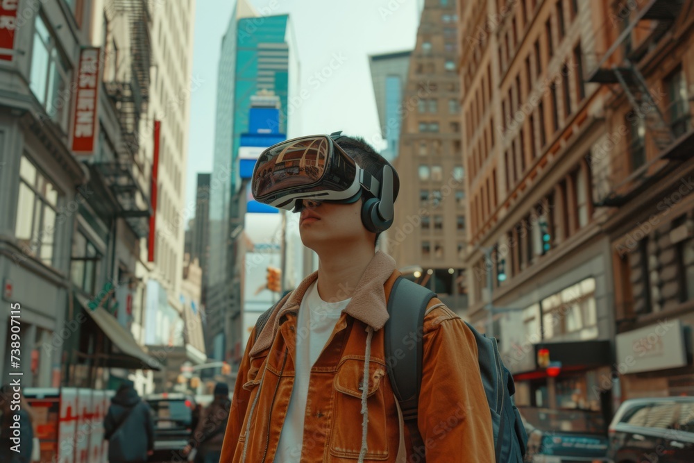 Person with VR headset on urban street Person with VR headset on urban street