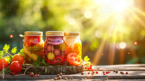 Glass jars with pickled vegetables on a wooden table photo