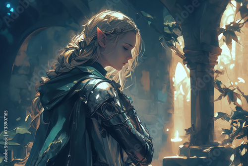 Pensive Elf Maiden in Mystical Ruins ,fantasy scenery. digital artwork. fantasy illustration