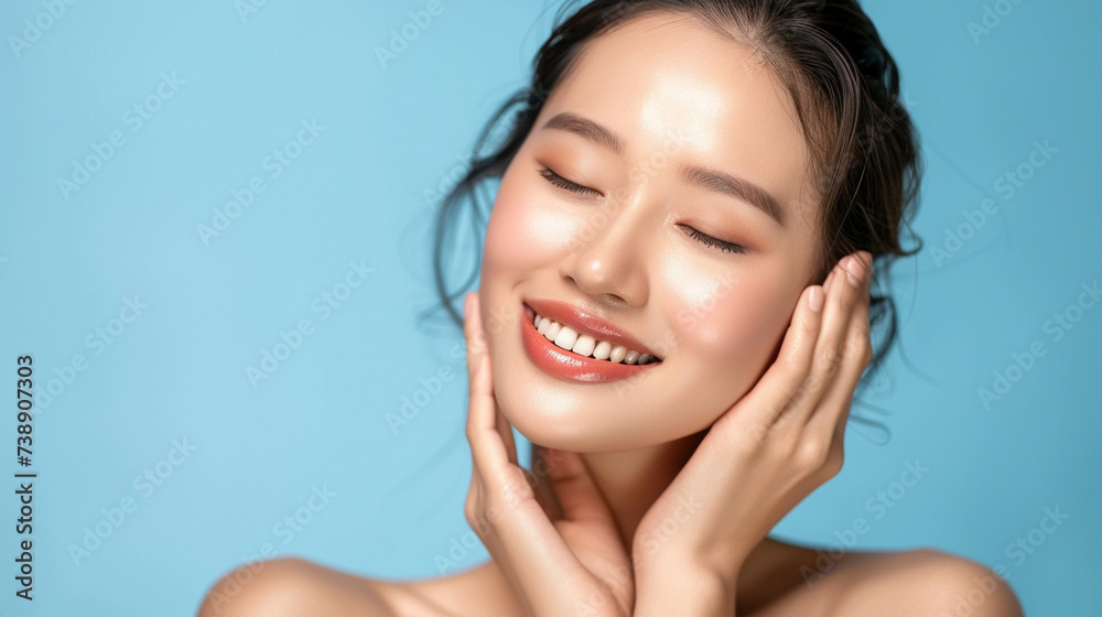 Skin care background with beautiful smiling asian girl model isolated