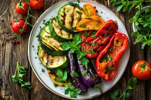 Grilled Vegetables Plate, Sliced Barbecue Eggplant, Zucchini, Sweet Red Bulgarian Pepper Fresh Greens © ange1011