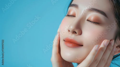 Skin care background with beautiful smiling asian girl model isolated