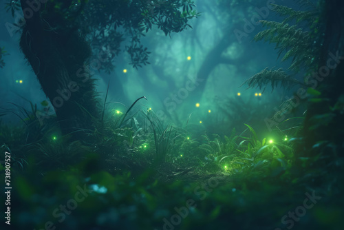 Glowing Will-o -the-Wisps in Witch s Ghostly Swamp  fantasy scenery. digital artwork. fantasy illustration