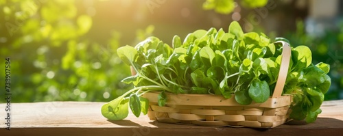 Fresh arugula in a basket on a wooden table in the garden. Generative AI. photo