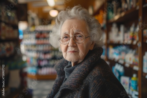 Elderly woman with glasses at pharmacy