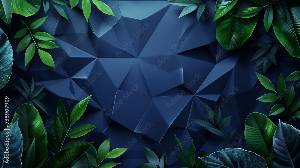 In shades of deep navy, a triangulated surface adorned with vibrant green foliage offers a harmonious fusion of artistry and natural beauty - obrazy, fototapety, plakaty 