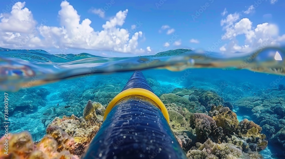 Underwater internet fiber optic cable on ocean floor providing high speed connectivity in deep sea. - obrazy, fototapety, plakaty 