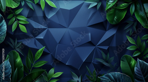 In shades of deep navy, a triangulated surface adorned with vibrant green foliage offers a harmonious fusion of artistry and natural beauty