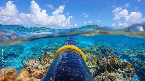 Underwater internet fiber optic cable on ocean floor providing high speed connectivity in deep sea. photo