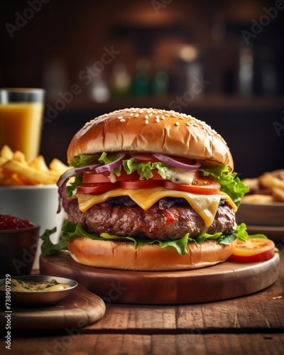 Juicy Cheeseburger with Lettuce, Tomato, and Fries on a Wooden Table 