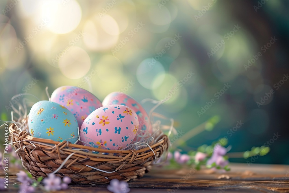 A gentle, blurred background featuring a basket of pastel-painted Easter eggs on a rustic wooden table, bathed in soft morning light.