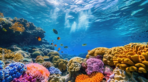 An underwater coral reef scene  diverse marine life  vivid colors  showcasing the beauty and diversity of ocean life. Underwater photography  coral reef ecosystem  diverse marine life . Resplendent.
