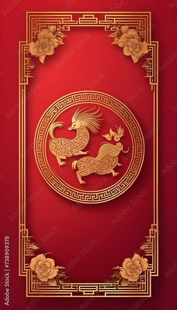Happy Chinese new year backdrop vector. Wallpaper design with gold chinese pattern on red background. Modern luxury oriental illustration for cover, banner, website, decor, border, frame.