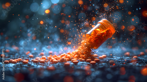prescription pill bottle spilling out an assortment of pills photo