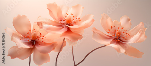 A trio of blossoming flowers in soft coral hues, with delicate petals unfurling against a warm beige backdrop.