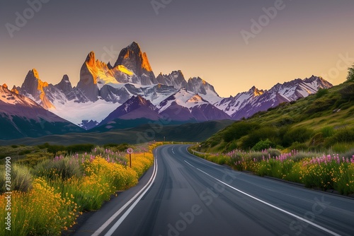 A highway leading directly to a majestic sunrise emerging from behind snow-capped mountains, with the road flanked by wildflowers. © SardarMuhammad