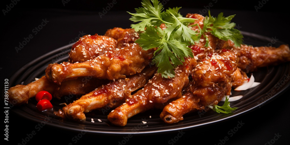 Grilled sticky chicken wings on plate over dark background. Buffalo chicken wings with sauce. Close up view. Flavor Explosion Close-Up of Succulent Chicken Wings