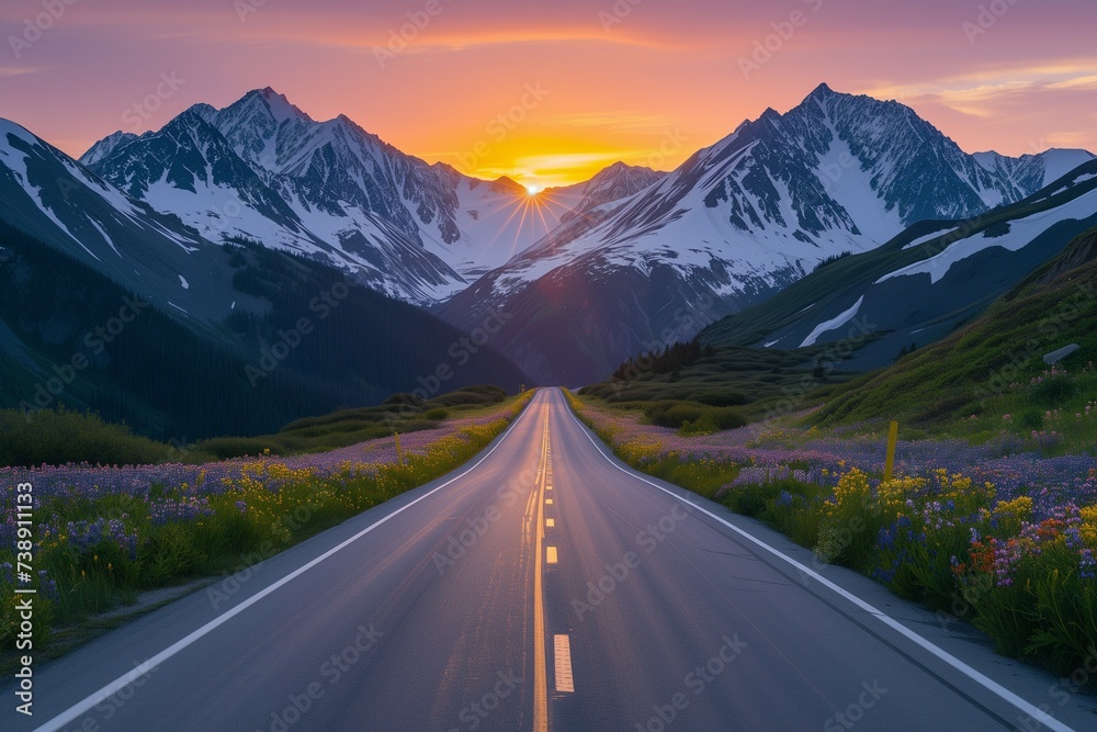 A highway leading directly to a majestic sunrise emerging from behind snow-capped mountains, with the road flanked by wildflowers.
