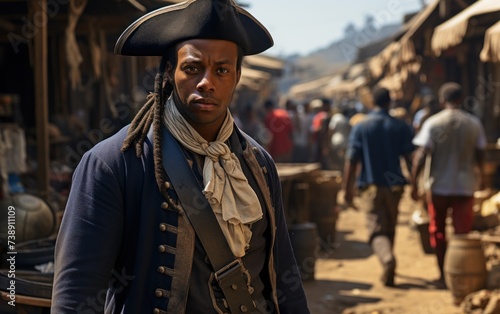 A man dressed in a pirate costume confidently walks down a city street, showcasing his character with a tricorner hat photo