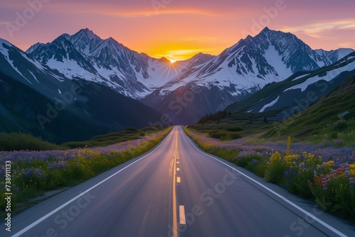 A highway leading directly to a majestic sunrise emerging from behind snow-capped mountains, with the road flanked by wildflowers.