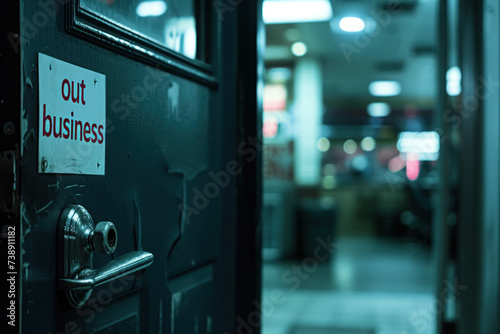 Closed Business Door with a Sign Indicating 'Out of Business' in a Desolate Evening Setting