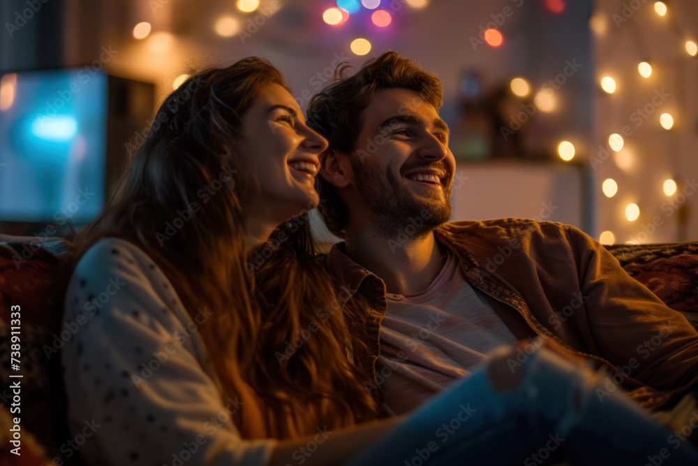 Couple Sharing a Joyful Moment on a Cozy Sofa with Twinkling Lights in the Background
