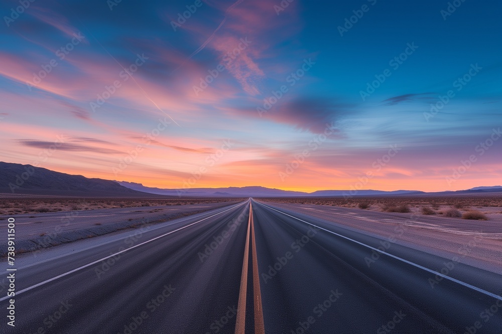 A lone highway heading straight into a breathtaking sunrise, with the desert sky painted in pastel shades of pink and blue. The lighting is gentle and diffuse, casting a warm glow over the desert.