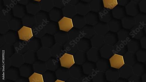 Tilt background Hive with gold texture rendered in black hexon and Abstract black and gold hexagon pattern background. Modern overlay geometric texture creative design. Luxury and elegant style. (ID: 738911522)