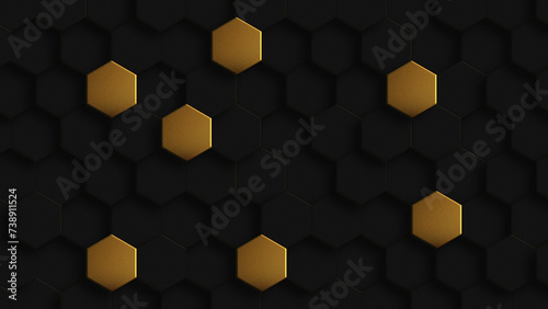 Presentation background with Hive and Abstract Technology, Futuristic Digital Hi-Tech Concept. Abstract Black and Gold Hexagonal Background. Luxury gold Pattern. (ID: 738911524)