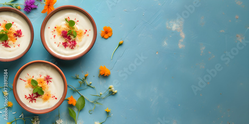 Shrikhand traditional Indian dessert with saffron topping in bowl. Homemade curd or yogurt pudding. Gudi Padwa celebration. Ethnic and wedding concept. For banner, greeting card with copy space photo