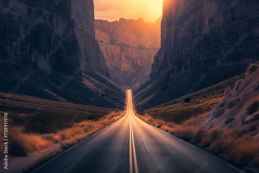 A long, straight highway stretching towards a stunning sunrise nestled between towering mountains, with the first light of day casting a golden hue on the landscape.