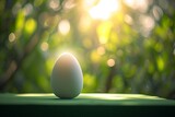 A minimalist Easter egg with a matte white finish, surrounded by a halo of gentle morning light, against a serene, blurred green background.