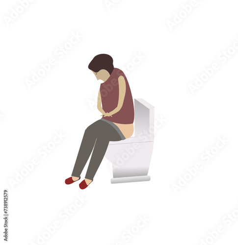 Cartoon, woman sitting on the bowl, stomach ache, vector illustration