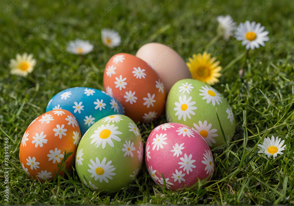 Row of Easter Eggs with Daisy on Fresh Green Grass
