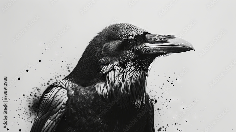 Fototapeta premium portrait of Black raven on the grey background 