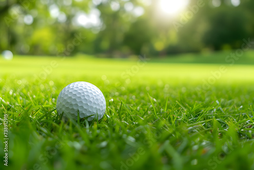 Close up golf ball on green grass lawn of course background 