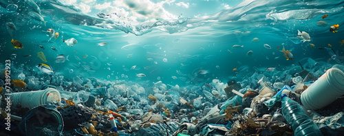 Underwater view of ocean pollution with plastic waste and discarded trash affecting marine life, highlighting the environmental issue of water contamination